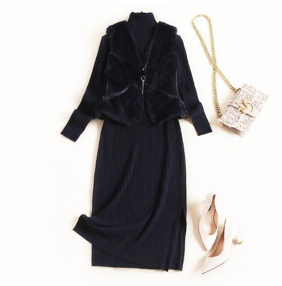 Temperament Winter Long Faux Fur Vest Fashion Women Suit Skirt - Black